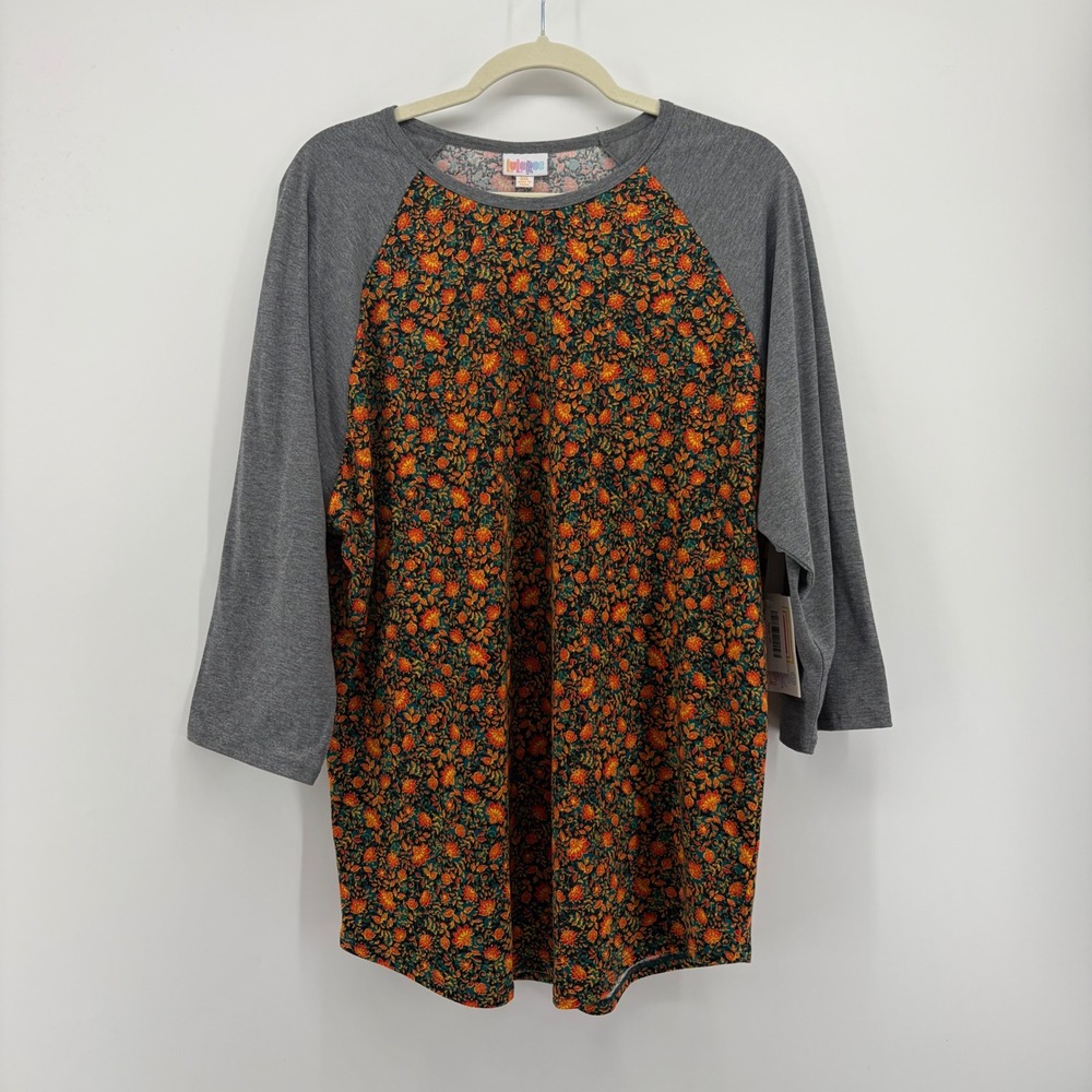 LuLaRoe Womens 3XL Gray Orange Floral Randy Baseball Tee Raglan 3/4 Sleeve